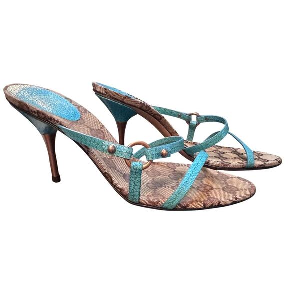 Auth Gucci GG Canvas Logo Turquoise Blue Strappy Heel Sandals Size 36 C W/Box - Picture 2 of 15